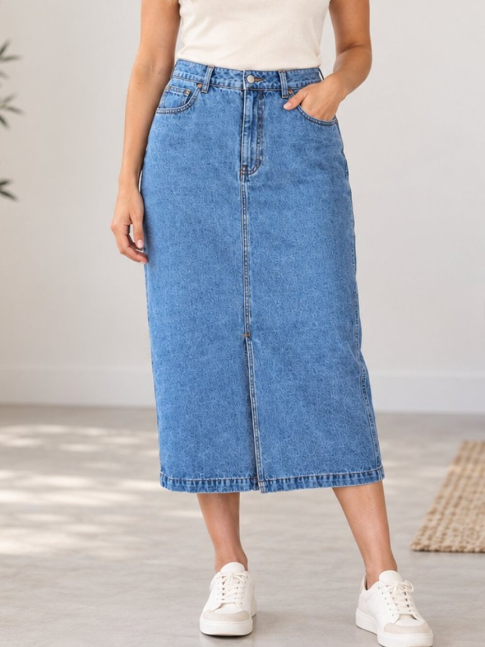 Velvet Heart Light Blue Denim Midi Skirt Large Front Slit Jean Skirt Women's